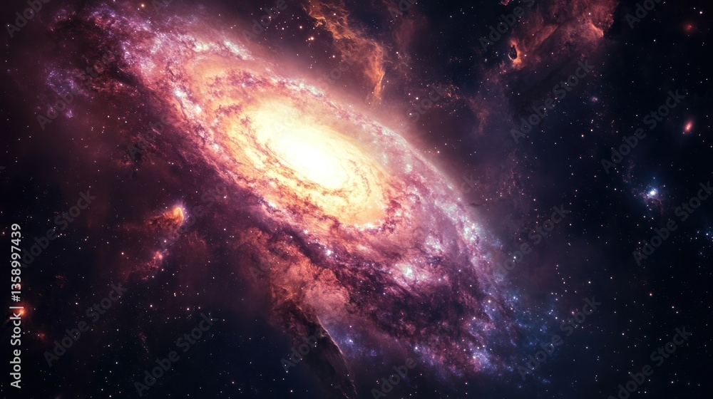Naklejka premium Spectacular cosmic spiral galaxy with vibrant hues of purple and gold