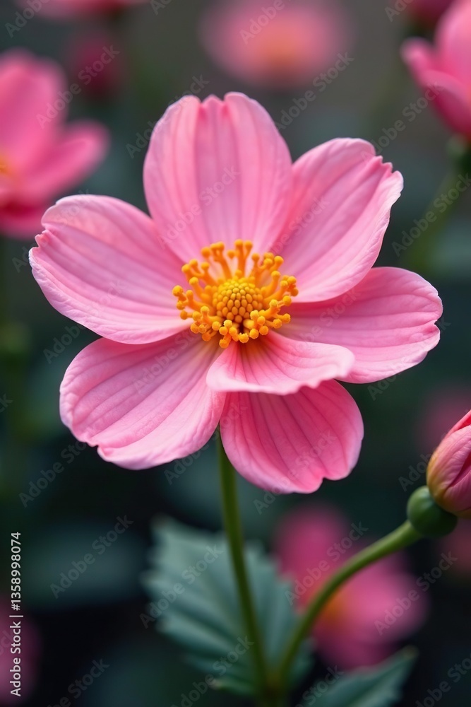 Obraz premium A close-up shot of a delicate pink flower with a vibrant yellow center, close-up, vibrant