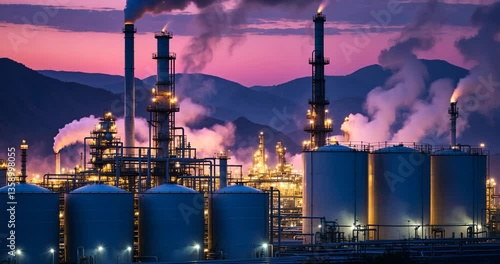 Crude oil refinery facility with pipeline, chimney, and cooling tower, chemical or industrial concept.
