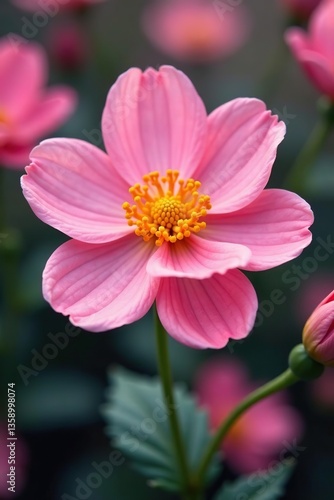 A close-up shot of a delicate pink flower with a vibrant yellow center,  close-up,  vibrant