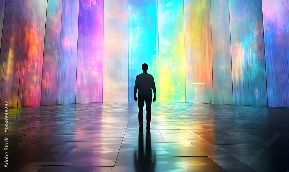 Fototapeta premium A silhouette of a person standing in a vibrant, colorful abstract space with reflective surfaces