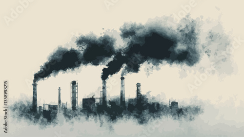The image is a stylized monochrome illustration depicting several industrial smoke stacks emitting thick, dark smoke against a light beige background.  The style is painterly or digitally rendered