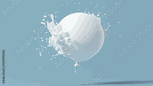 A 3D rendered image depicts a white sphere seemingly exploding, with white liquid splashing outwards in a dynamic motion against a light blue background. The sphere is predominantly white, and the