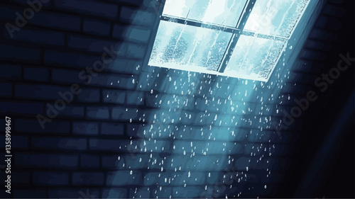 A low-angle, close-up shot depicts rain falling through a single, square window set into a dark brick wall. The image is predominantly dark blue tones, with the light from the window casting beams
