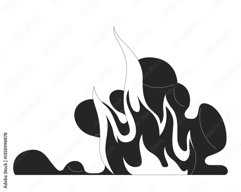 Fototapeta premium Fire flames with smoke rising 2D line object. Environmental heat danger, emergency situation. Wildfire disaster. Burning hazard isolated clipart vector ink outline item. Monochrome spot illustration