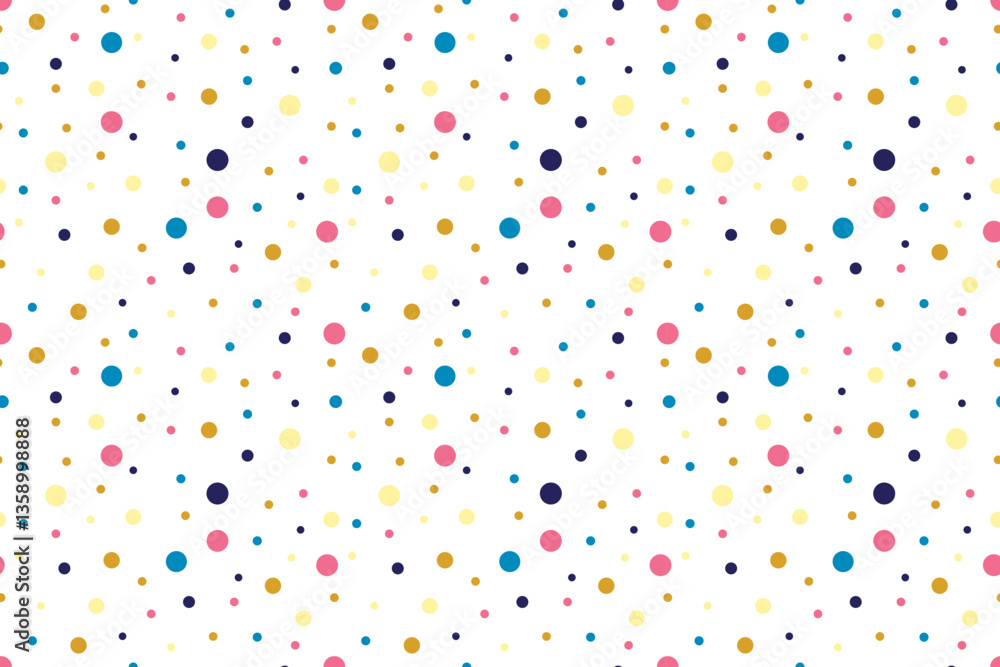 Beautiful seamless abstract polka dot pattern on white background. Gold, yellow, blue, dark blue and pink colors. For wallpaper, textiles, packaging, background, website. Beautiful seamless abstract polka dot pattern on white background. Gold, yellow, blue, dark blue and pink colors. For wallpaper, textiles, packaging, background, website.