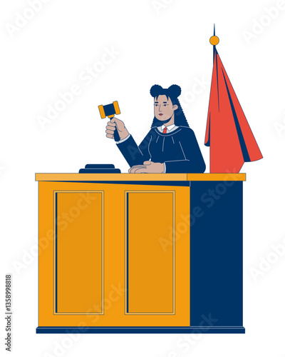 Latina judge woman with gavel making verdict at courtroom desk 2D cartoon character. Legal authority. Professional judiciary female flat vector person isolated on white. Spot illustration colorful