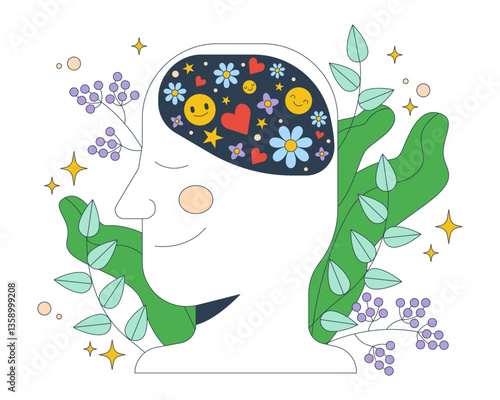 Mental health 2D illustration concept. Peaceful mind with positive thoughts. Mindfulness, positivity. Calm smiling face with flowers cartoon character isolated on white. Flat abstract vector graphic