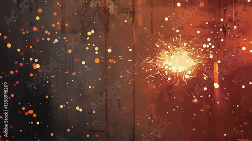 Close-up shot of a burning sparkler against a dark, textured wooden background. The sparkler emits bright orange and red sparks, creating a bokeh effect.  The wooden planks are visible through the