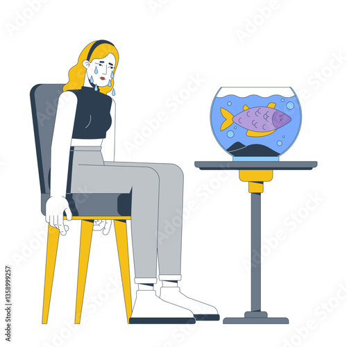 Sad woman crying beside fishbowl with dead fish 2D vector illustration. Grief, emotional loss, pet death. Blonde girl mourning flat character isolated on white background. Colorful cartoon image
