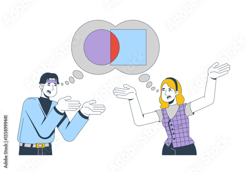 Miscommunication and disagreement 2D illustration concept. Interpersonal communication. Arguing people conflicting thought bubble cartoon characters isolated on white. Flat abstract vector graphic