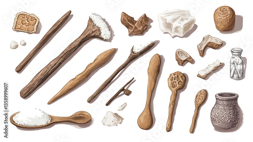 A digitally enhanced illustration, possibly a scan of a watercolor or gouache painting, depicts a collection of wooden spoons, spatulas, and other utensils of varying sizes and shapes.  Several