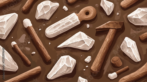 A digitally created seamless pattern featuring a repeating arrangement of various prehistoric tools and stone fragments against a dark brown background. The tools are depicted as stylized