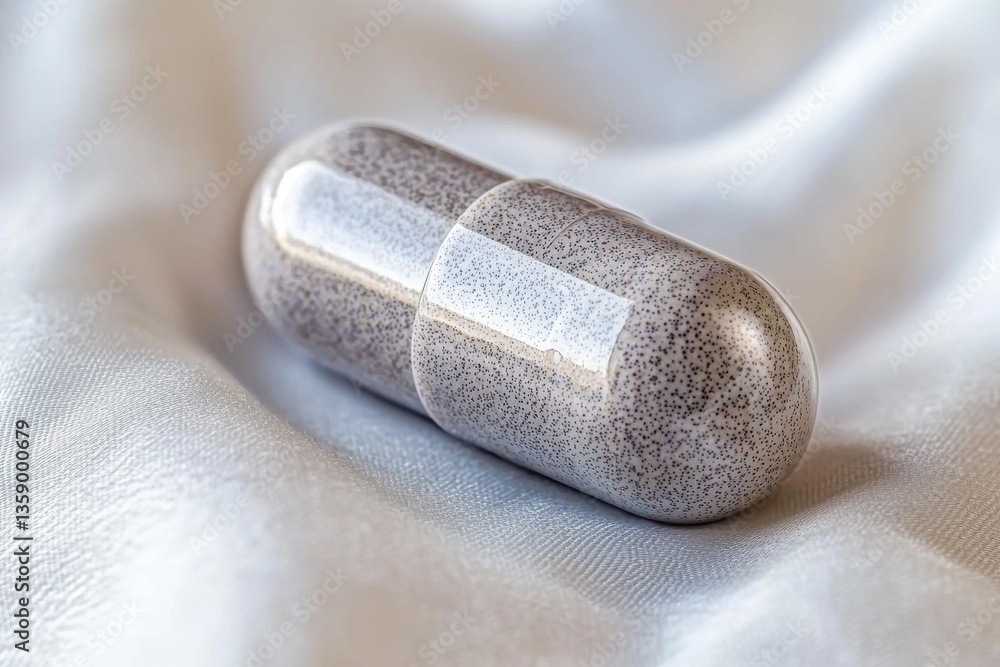Naklejka premium A close-up macro shot of a medicine capsule on a soft white silk background, showing detail of the capsule content, representing health and wellness concept.