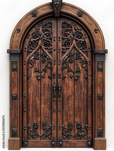 A richly detailed traditional wooden door with arched design, layered carvings, and metallic accents, perfect for heritage-style visuals, on white.  