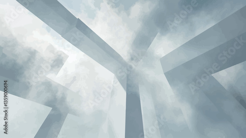 The image presents an abstract low-angle view of a modern architectural structure.  The focus is on a series of large, light-grey or white beams and columns intersecting against a backdrop of a