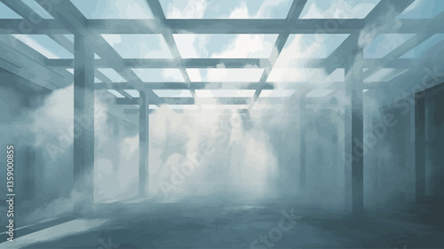 The image depicts a long corridor with a glass ceiling and supporting beams.  The corridor is filled with a dense fog or mist, obscuring the details of any potential figures within. The light