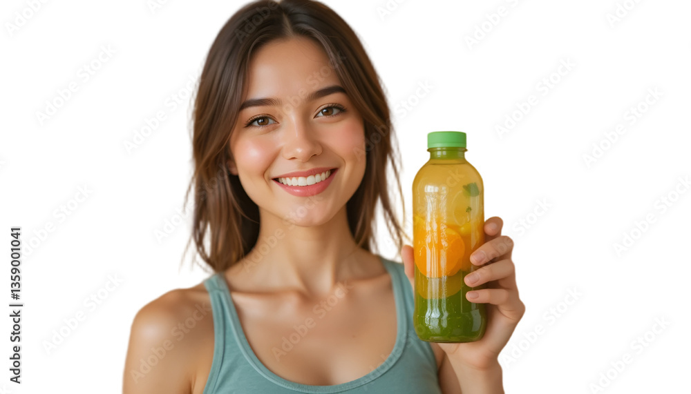 Smiling woman holding a bottle of vibrant green and orange detox juice, ready for a fresh and healthy diet. Superfood drinks, wellness routine, plant-based nutrition, organic lifestyle. Smiling woman holding a bottle of vibrant green and orange detox juice, ready for a fresh and healthy diet. Superfood drinks, wellness routine, plant-based nutrition, organic lifestyle.