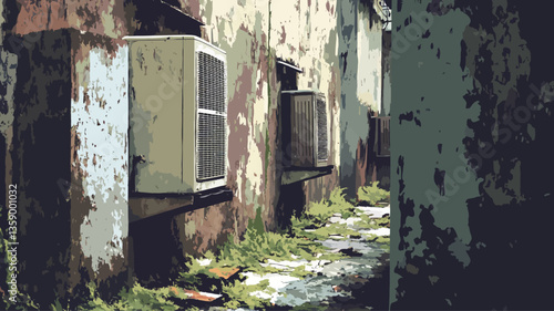 The image depicts a digitally painted or illustrated view of the exterior of a derelict building.  The style suggests a painterly or impressionistic approach. The scene focuses on a narrow alleyway