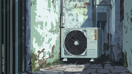 The image shows an exterior view of an air conditioning unit situated in a narrow passageway between two dilapidated walls. The walls exhibit significant wear and tear, with peeling paint and
