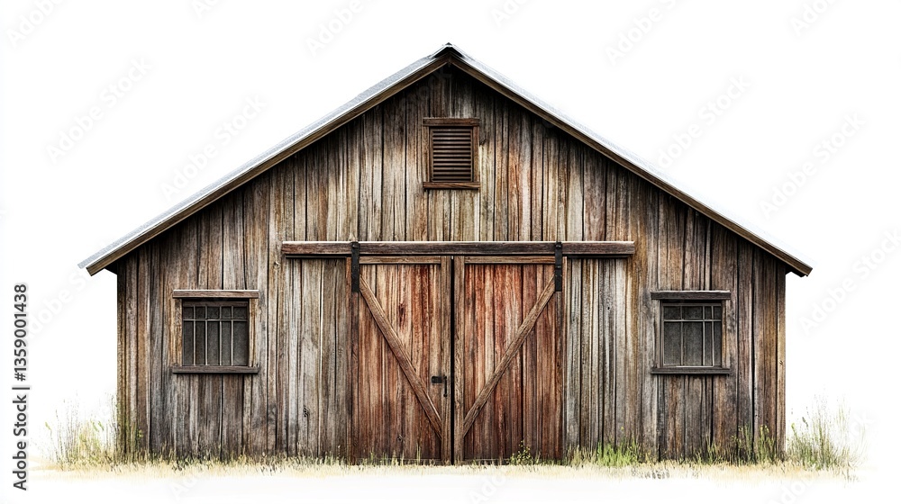 A rustic farmhouse clipart featuring wooden siding, a tin roof, and a barn-style door, perfect for country-inspired real estate designs. A rustic farmhouse clipart featuring wooden siding, a tin roof, and a barn-style door, perfect for country-inspired real estate designs.
