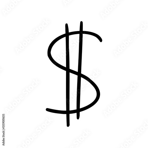 Slim dollar sign symbol in outline hand drawn style. Vector illustration isolated on white background. For typography, font, shop, logo, alphabet, sales, signboard, education, branding, presentation.