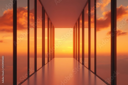 Hallway with a beautiful sunset view