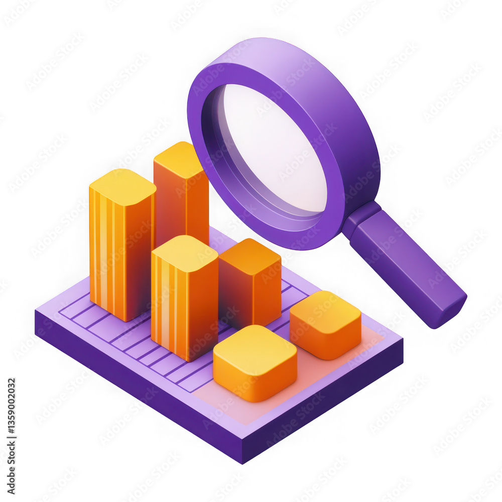 A purple magnifying glass icon with an orange bar graph inside it, on a transparent background A purple magnifying glass icon with an orange bar graph inside it, on a transparent background