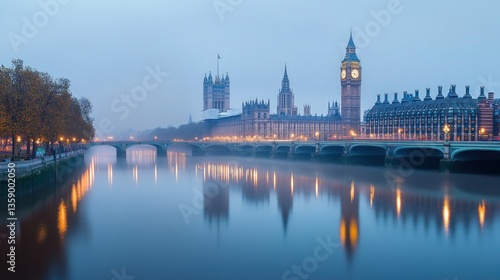 Serene London Panorama: Big Ben and Parliament Reflecting on Thames River Mist