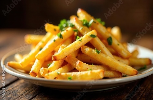 French fried potatoes in wooden pot, close up	