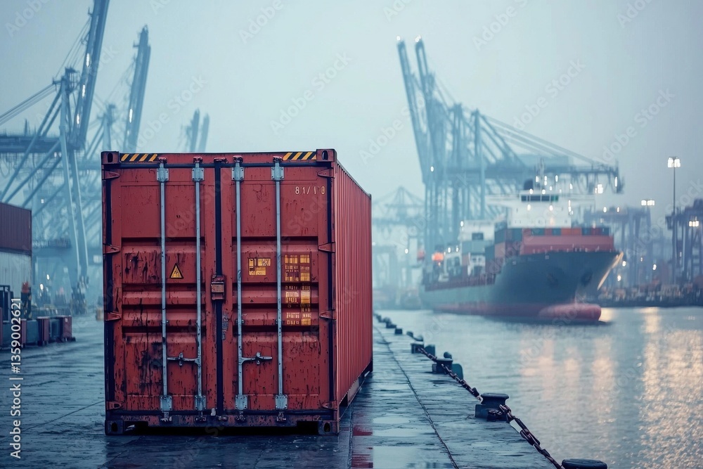 Naklejka premium A weathered red shipping container sits dockside against backdrop of cranes and ship. Scene of international trade, port, industry and global transportation.