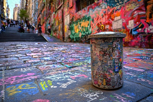 A vibrant street scene with colorful graffiti adorning walls and pavement, a sticker-covered trash can in the foreground, capturing the essence of urban creativity and decay.
