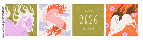 Happy New Year 2026, greeting post card design, set. Holiday postcards with f...