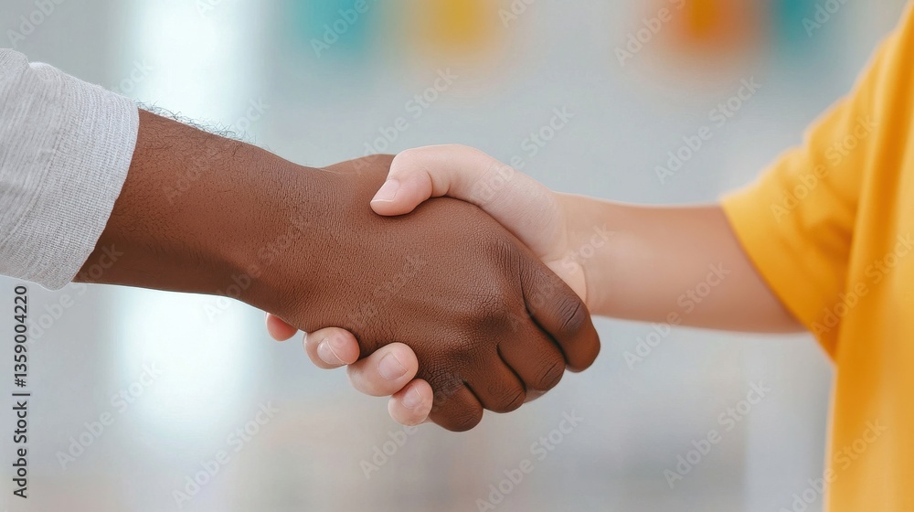 Close-Up of a Handshake Between an Adult and a Child in Bright Space Close-Up of a Handshake Between an Adult and a Child in Bright Space