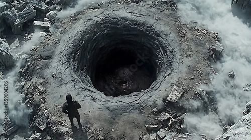 Post-apocalyptic scene a figure observes a large crater in a ruined city.