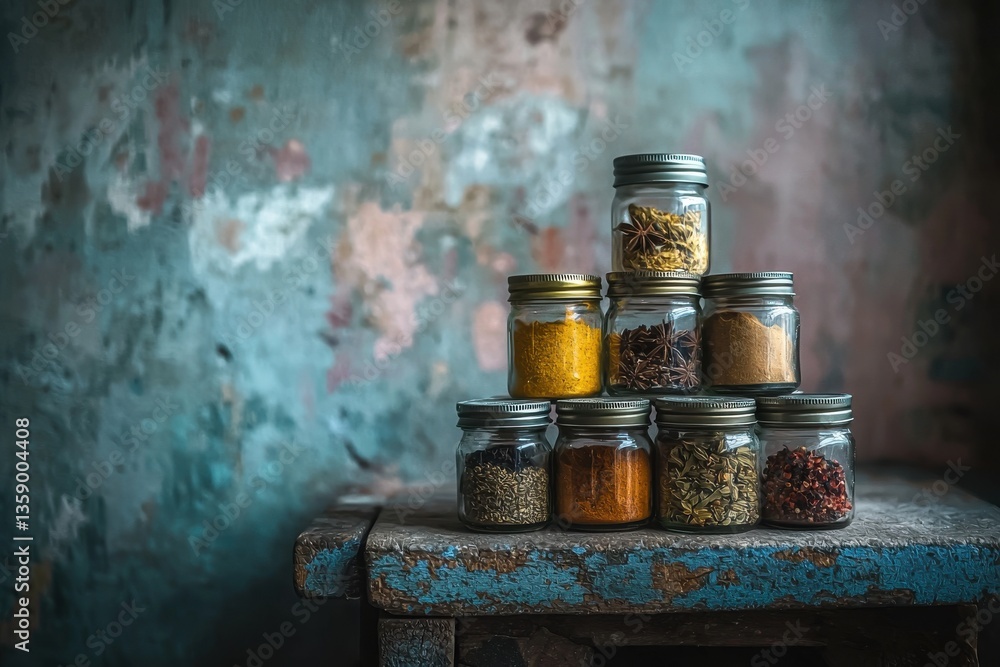 An artistic arrangement of various spices in glass jars, stacked on a weathered wooden table against a textured wall, creating a rustic and flavorful culinary scene.