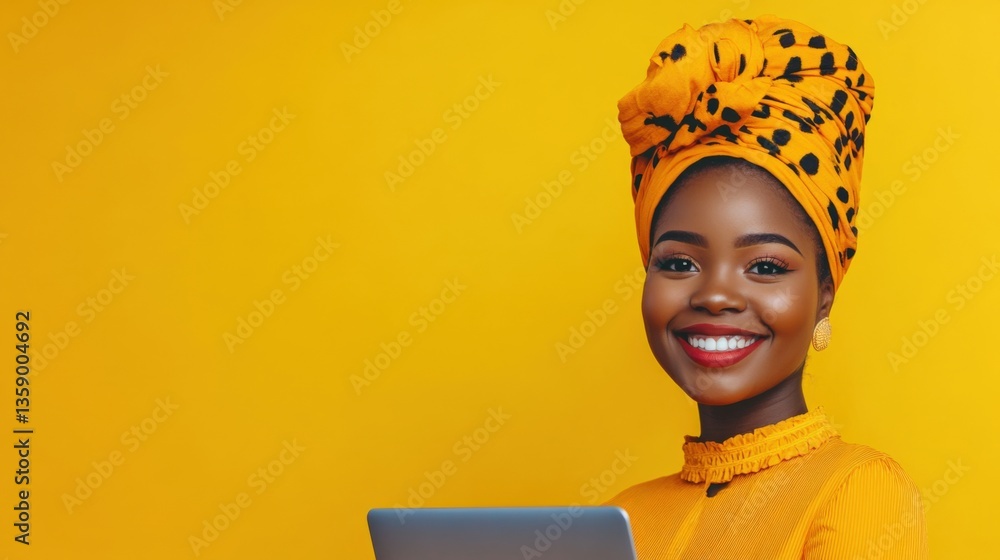 Woman with head wrap using laptop
