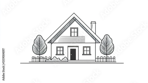 A simplistic line illustration of a house with a gable roof, two bushy trees, and a cleanly drawn fence, centered on a white background.  