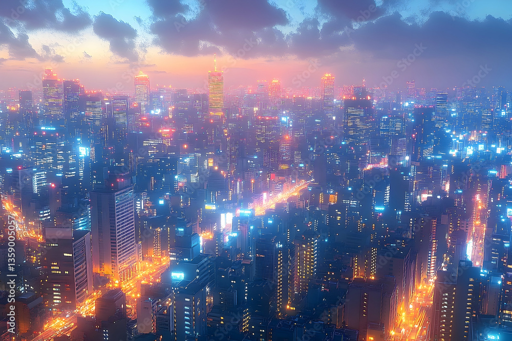 A vibrant city skyline at dusk, illuminated by colorful lights, showcasing bustling urban life A vibrant city skyline at dusk, illuminated by colorful lights, showcasing bustling urban life