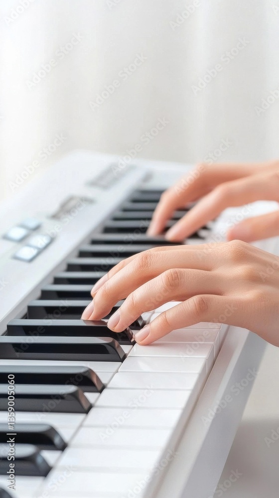 Fototapeta premium Hands Playing Keyboard on Modern Piano with Soft Background