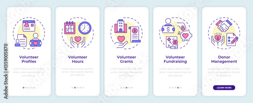 Volunteer activity tracking onboarding mobile app screen. Walkthrough 5 steps editable graphic instructions with linear concepts. UI, UX, GUI template. Montserrat SemiBold, Regular fonts used