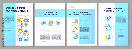 Volunteer management blue brochure template. Supporter base development. Social care activity. Leaflet design with linear icons. Editable 4 vector layouts. Arial, Myriad Pro-Regular fonts used