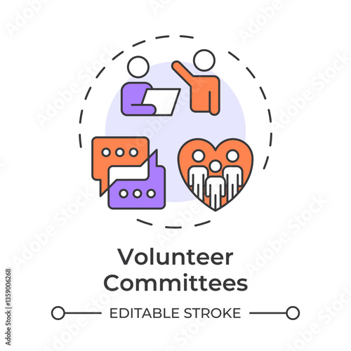 Volunteer committees multi color concept icon. Collaboration on specific projects. Contribution type. Round shape line illustration. Abstract idea. Graphic design. Easy to use in brochure