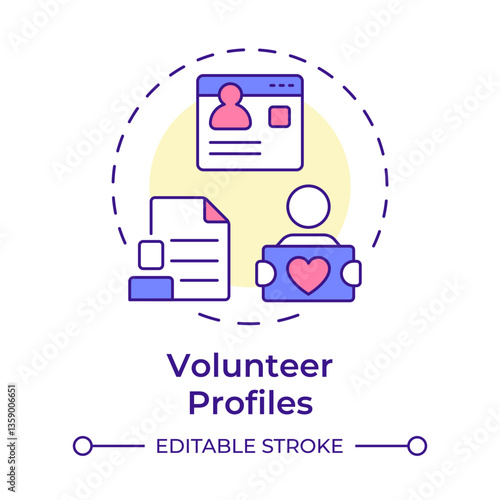 Volunteer profiles multi color concept icon. Personal information base. Contribution activity tracking. Round shape line illustration. Abstract idea. Graphic design. Easy to use in brochure