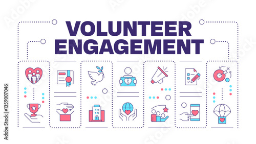 Volunteer engagement word concept isolated on white. Non profit organization. Social development. Creative illustration banner surrounded by editable line colorful icons. Hubot Sans font used