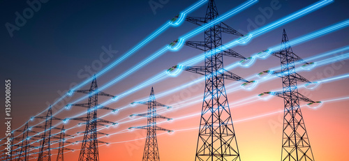 Schilderij op canvas High voltage transmission towers with glowing wires against morning sky - Energy