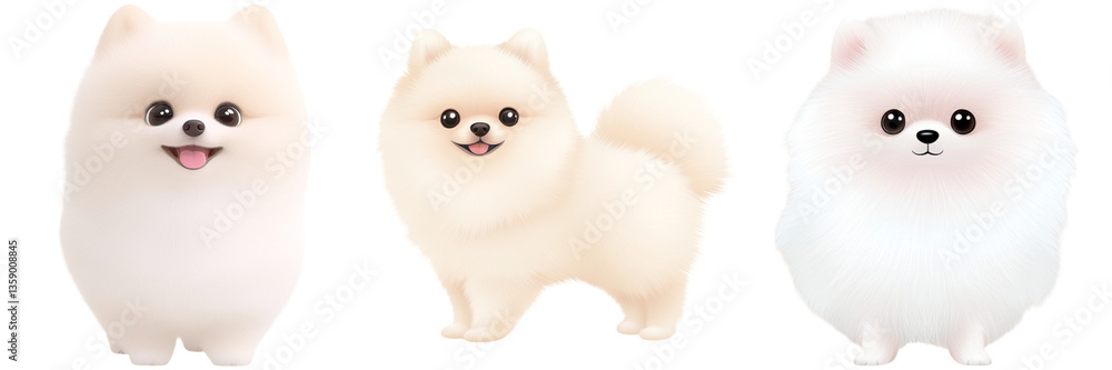 Obraz premium Cute cartoon animals and dog pastel, Three cute, fluffy Pomeranian dogs with cheerful expressions, showcasing their playful and friendly nature.