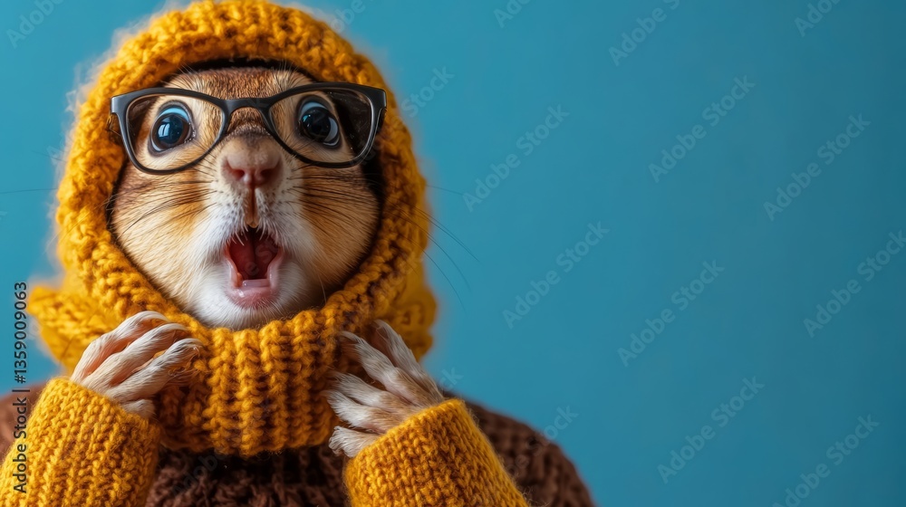 Squirrel wearing a yellow hat and glasses is looking at the camera with its mouth wide open. The image has a playful and whimsical mood, as the squirrel is dressed up in human clothing Squirrel wearing a yellow hat and glasses is looking at the camera with its mouth wide open. The image has a playful and whimsical mood, as the squirrel is dressed up in human clothing