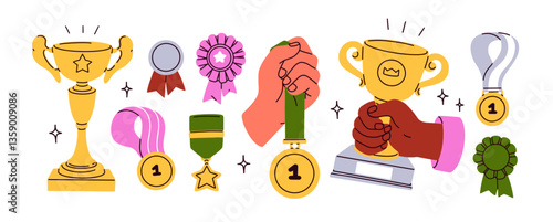Winner medals, cups, badges set. Gold awards, trophies. Champion prizes, rewards for first place. Victory symbols for competition winning. Flat vector illustration isolated on white background