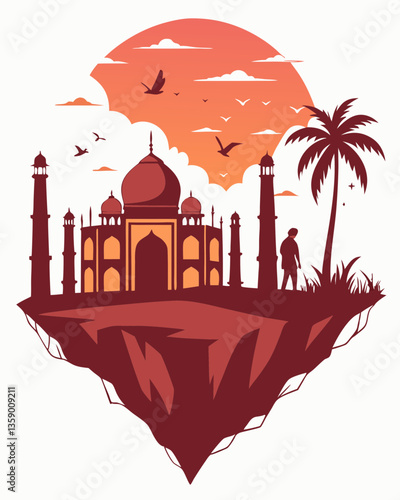 Surreal Indian Cityscape on a Floating Island with Majestic Temples at Sunset.
